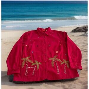 CJ Banks Corduroy Christmas Palm Trees Shirt Jacket Embroidered Ladies 1X